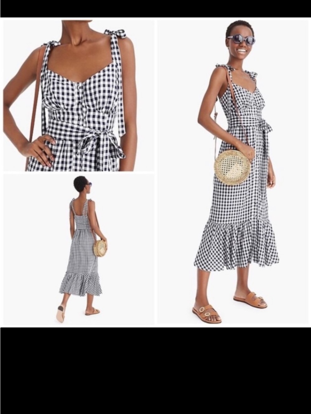 J. Crew Black & White Gingham Tie-Shoulder Midi Dress